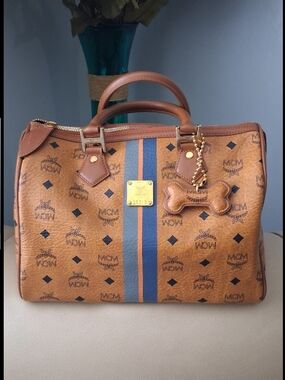 💯Authentic MCM Cognac Visetos Messenger Bag with Blue and Orange Stripes